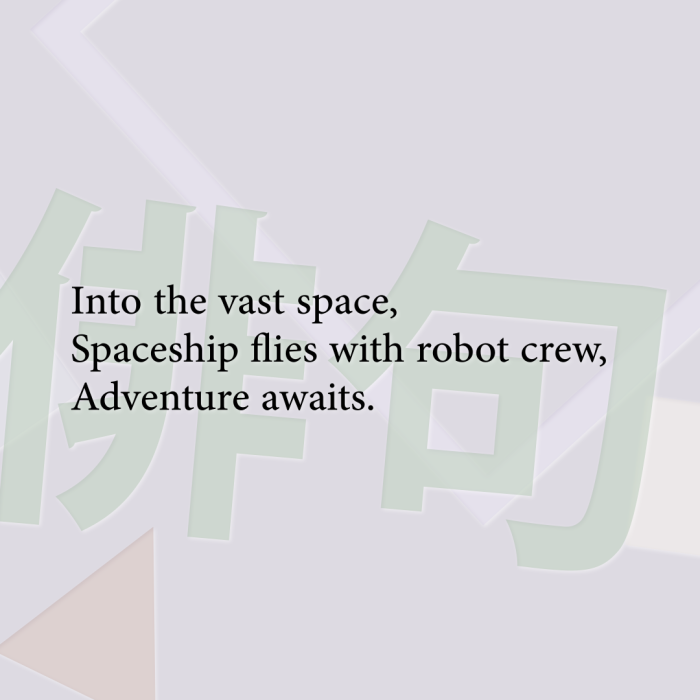 Into the vast space, Spaceship flies with robot crew, Adventure awaits.