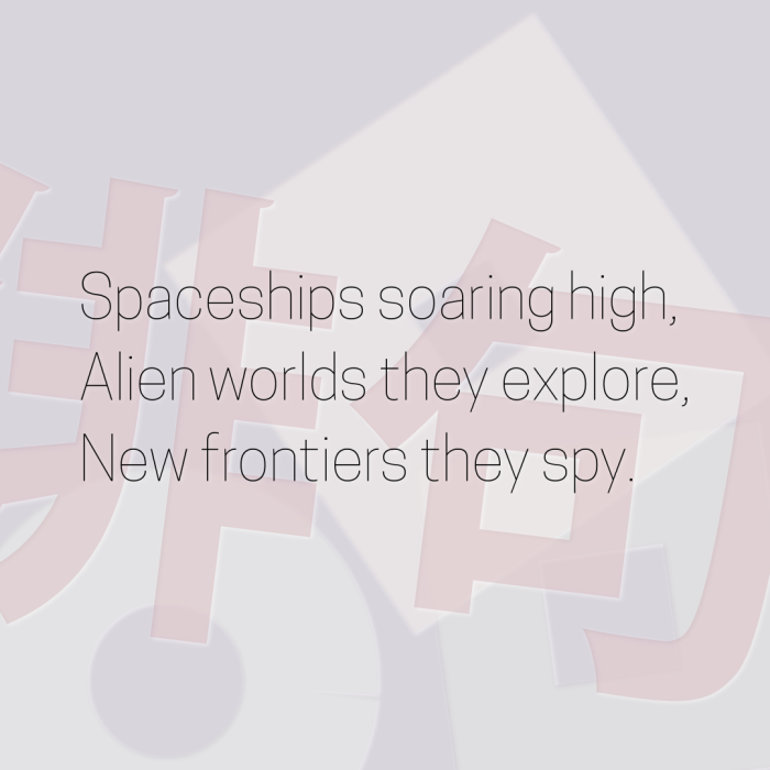 Spaceships soaring high, Alien worlds they explore, New frontiers they spy.