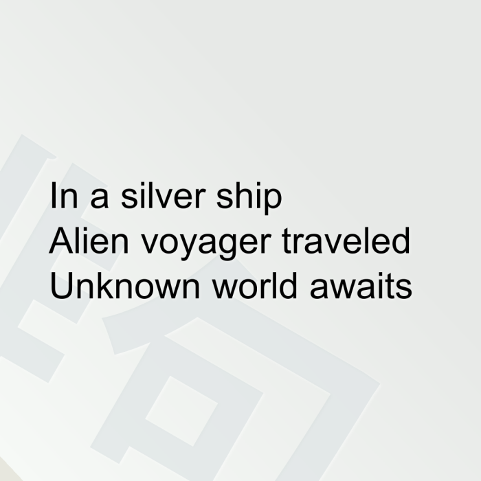 In a silver ship Alien voyager traveled Unknown world awaits