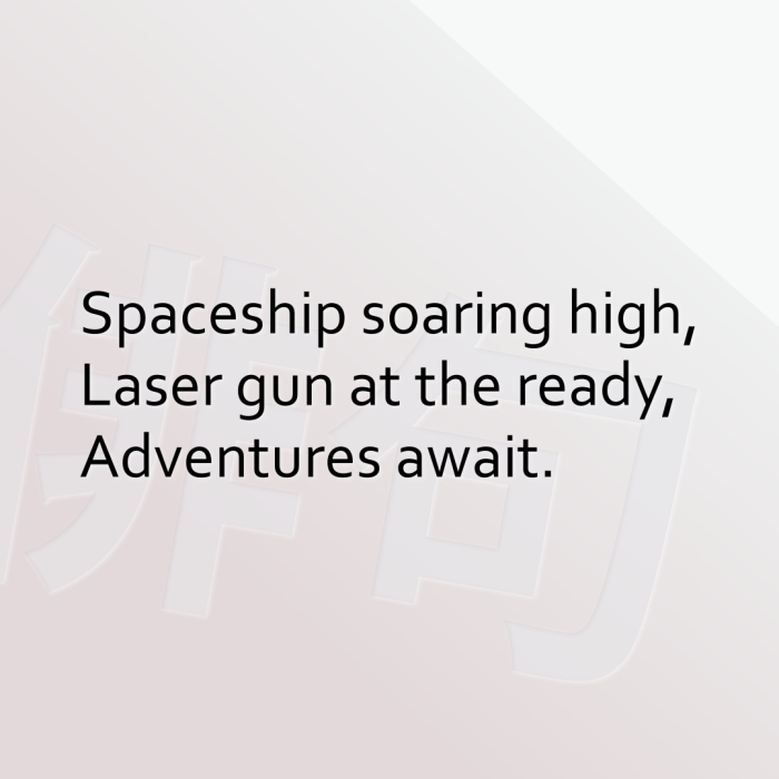 Spaceship soaring high, Laser gun at the ready, Adventures await.