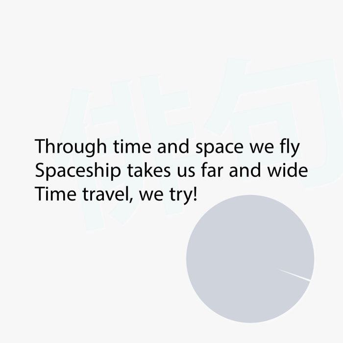 Through time and space we fly Spaceship takes us far and wide Time travel, we try!
