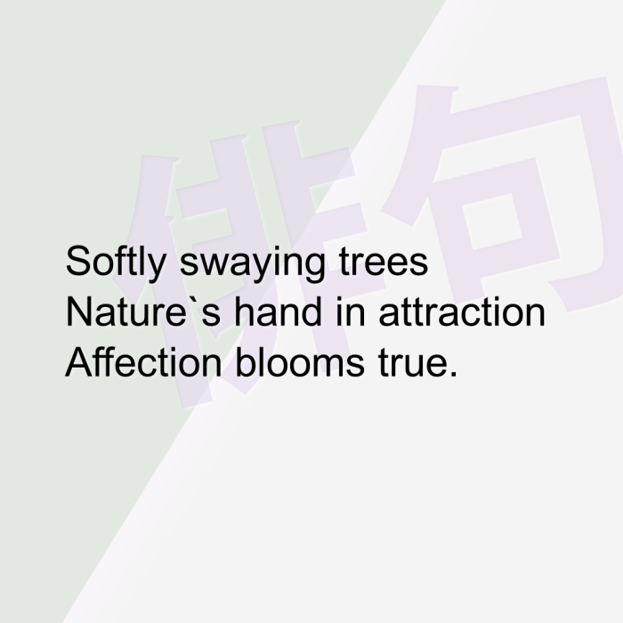 Softly swaying trees Nature`s hand in attraction Affection blooms true.