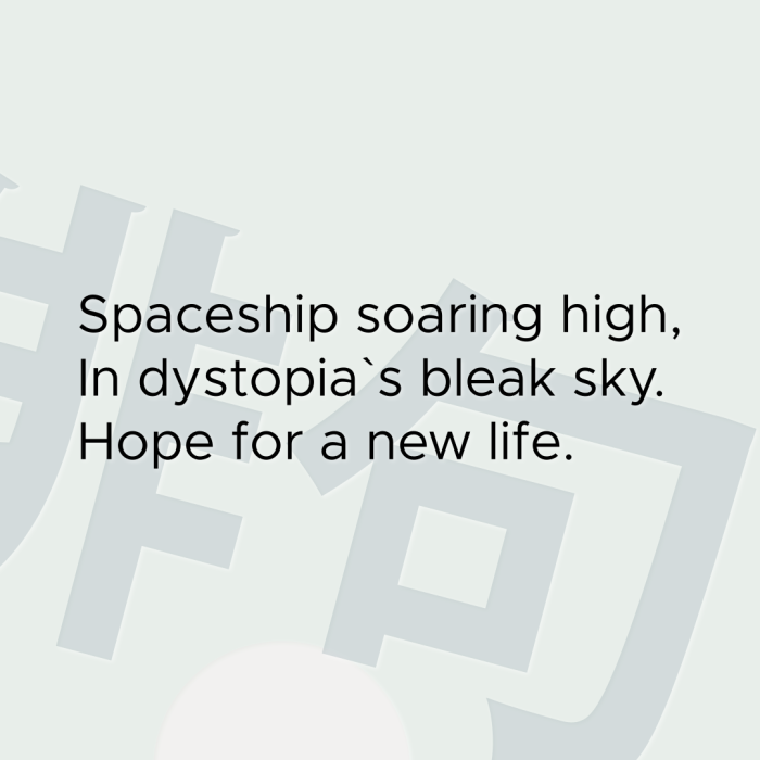 Spaceship soaring high, In dystopia`s bleak sky. Hope for a new life.