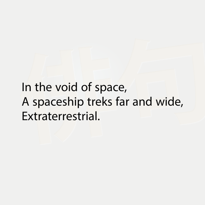 In the void of space, A spaceship treks far and wide, Extraterrestrial.