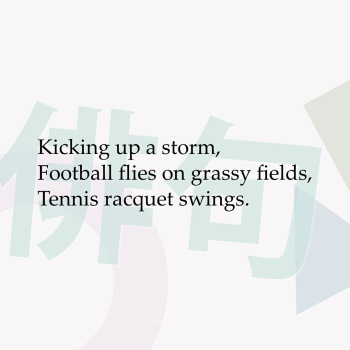Kicking up a storm, Football flies on grassy fields, Tennis racquet swings.