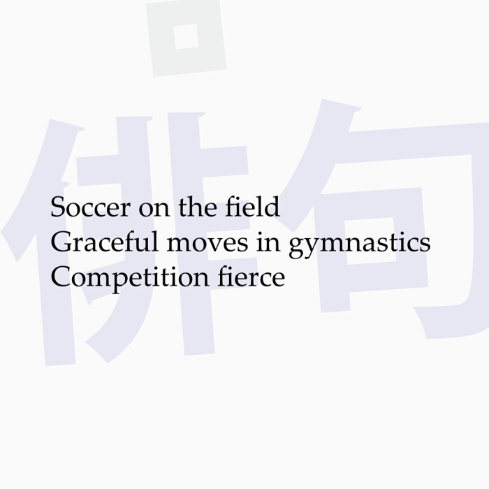 Soccer on the field Graceful moves in gymnastics Competition fierce