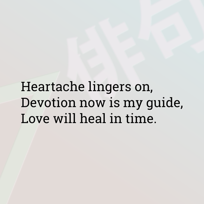 Heartache lingers on, Devotion now is my guide, Love will heal in time.