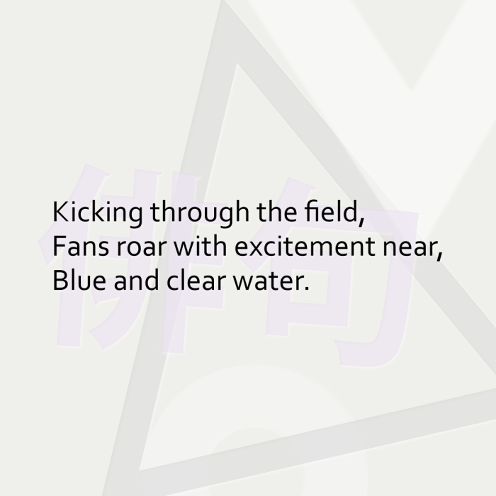 Kicking through the field, Fans roar with excitement near, Blue and clear water.