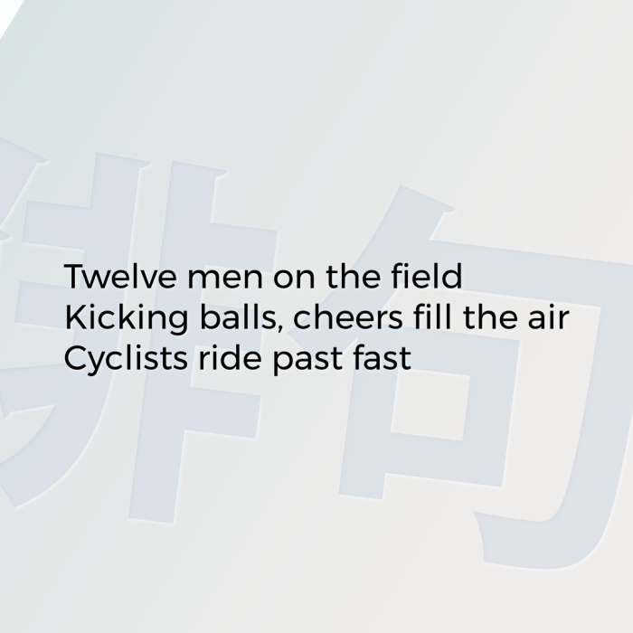 Twelve men on the field Kicking balls, cheers fill the air Cyclists ride past fast