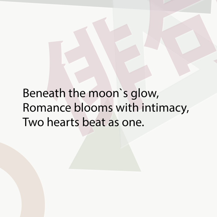 Beneath the moon`s glow, Romance blooms with intimacy, Two hearts beat as one.