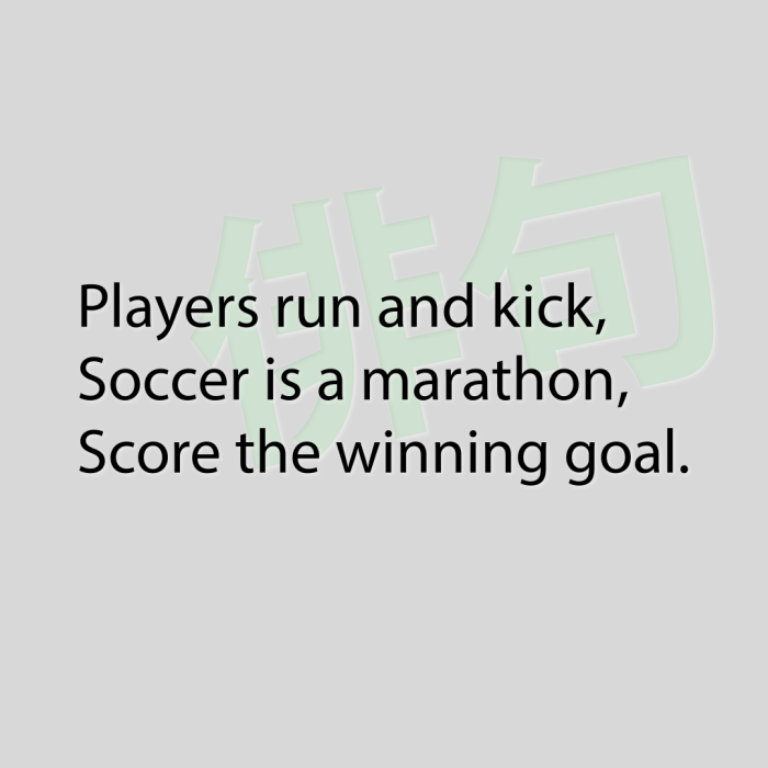 Players run and kick, Soccer is a marathon, Score the winning goal.