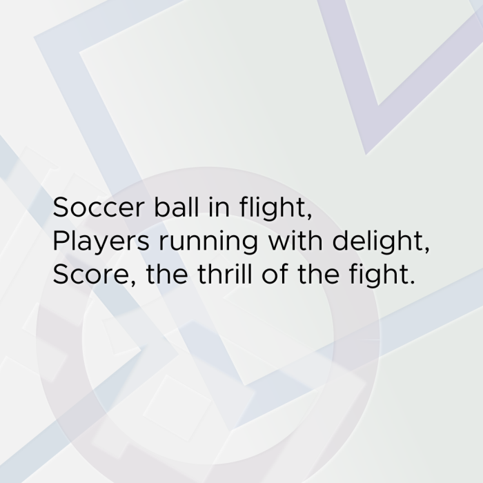 Soccer ball in flight, Players running with delight, Score, the thrill of the fight.