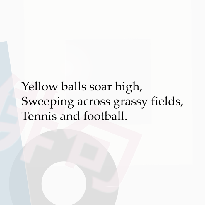 Yellow balls soar high, Sweeping across grassy fields, Tennis and football.