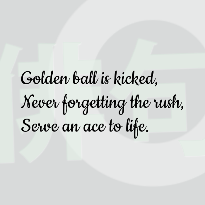 Golden ball is kicked, Never forgetting the rush, Serve an ace to life.