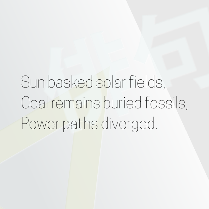 Sun basked solar fields, Coal remains buried fossils, Power paths diverged.
