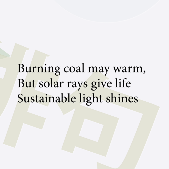 Burning coal may warm, But solar rays give life Sustainable light shines