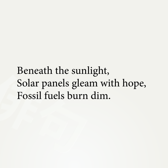 Beneath the sunlight, Solar panels gleam with hope, Fossil fuels burn dim.