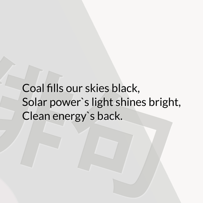 Coal fills our skies black, Solar power`s light shines bright, Clean energy`s back.