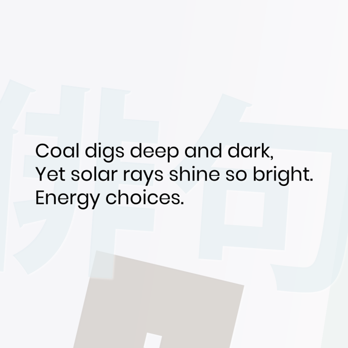 Coal digs deep and dark, Yet solar rays shine so bright. Energy choices.