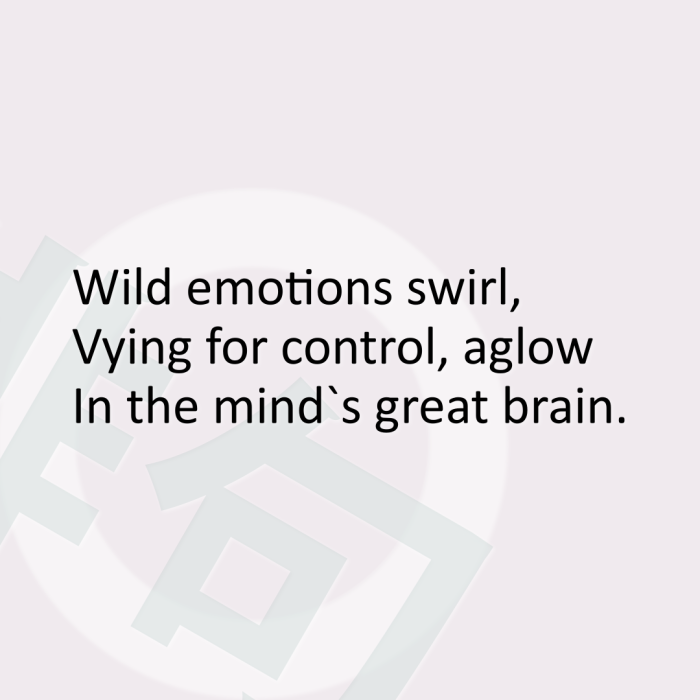 Wild emotions swirl, Vying for control, aglow In the mind`s great brain.