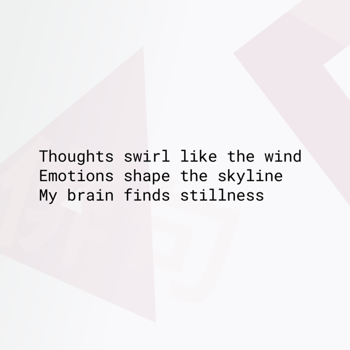 Thoughts swirl like the wind Emotions shape the skyline My brain finds stillness