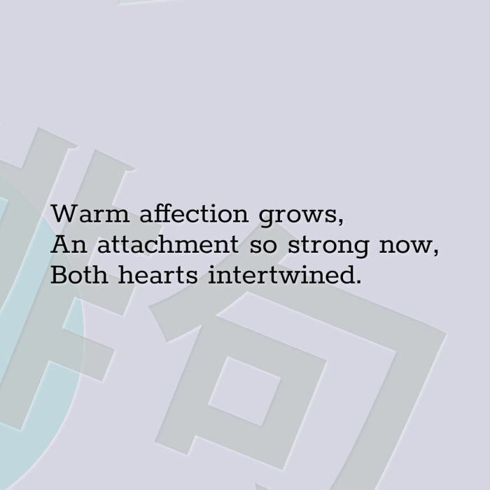 Warm affection grows, An attachment so strong now, Both hearts intertwined.