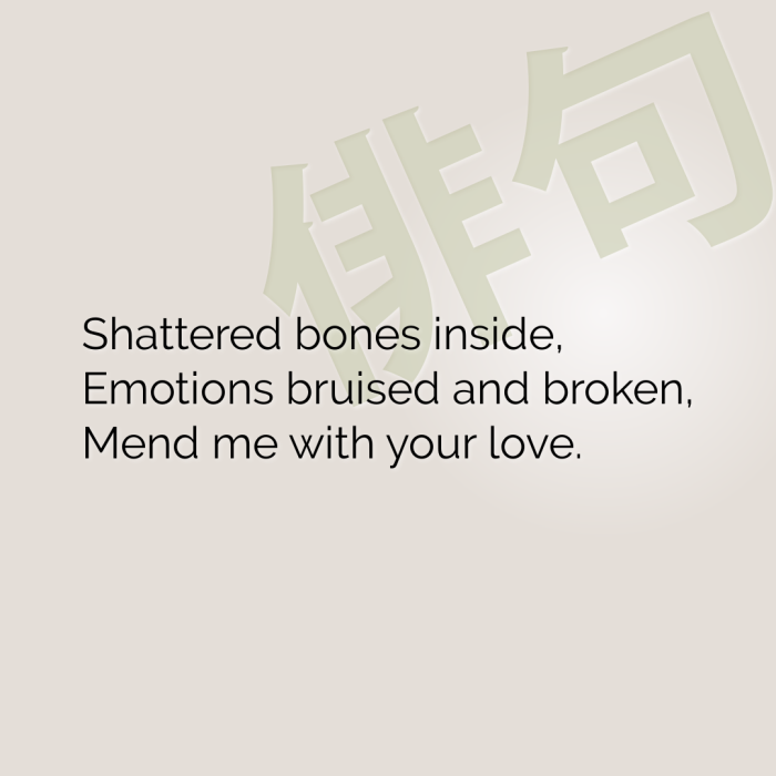 Shattered bones inside, Emotions bruised and broken, Mend me with your love.