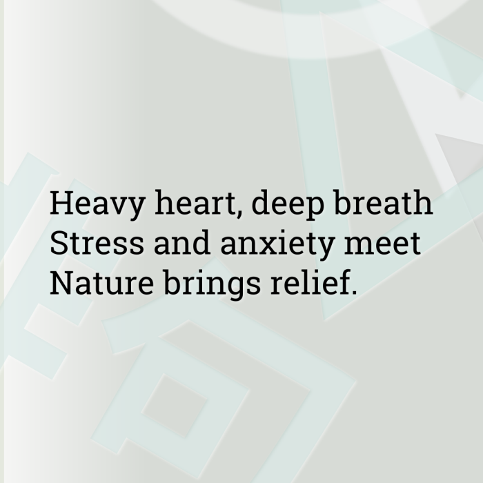 Heavy heart, deep breath Stress and anxiety meet Nature brings relief.