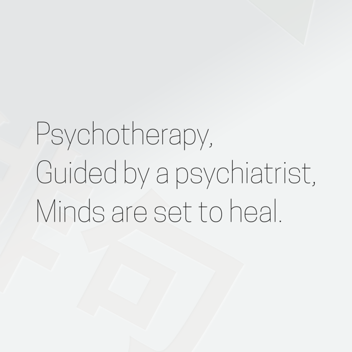 Psychotherapy, Guided by a psychiatrist, Minds are set to heal.