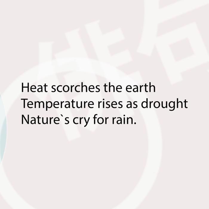 Heat scorches the earth Temperature rises as drought Nature`s cry for rain.