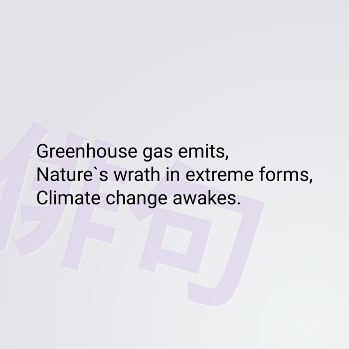 Greenhouse gas emits, Nature`s wrath in extreme forms, Climate change awakes.