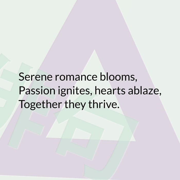 Serene romance blooms, Passion ignites, hearts ablaze, Together they thrive.
