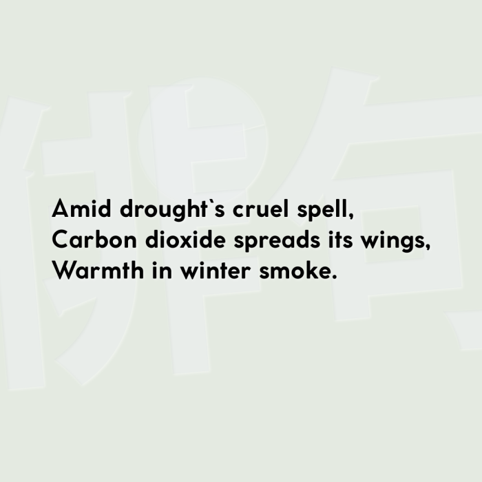 Amid drought`s cruel spell, Carbon dioxide spreads its wings, Warmth in winter smoke.