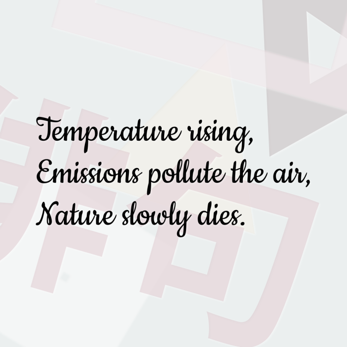 Temperature rising, Emissions pollute the air, Nature slowly dies.