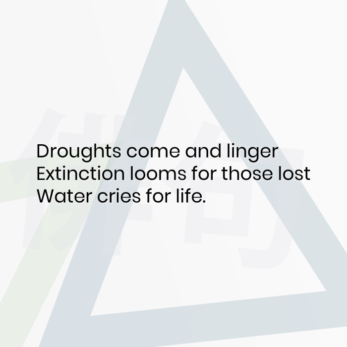 Droughts come and linger Extinction looms for those lost Water cries for life.