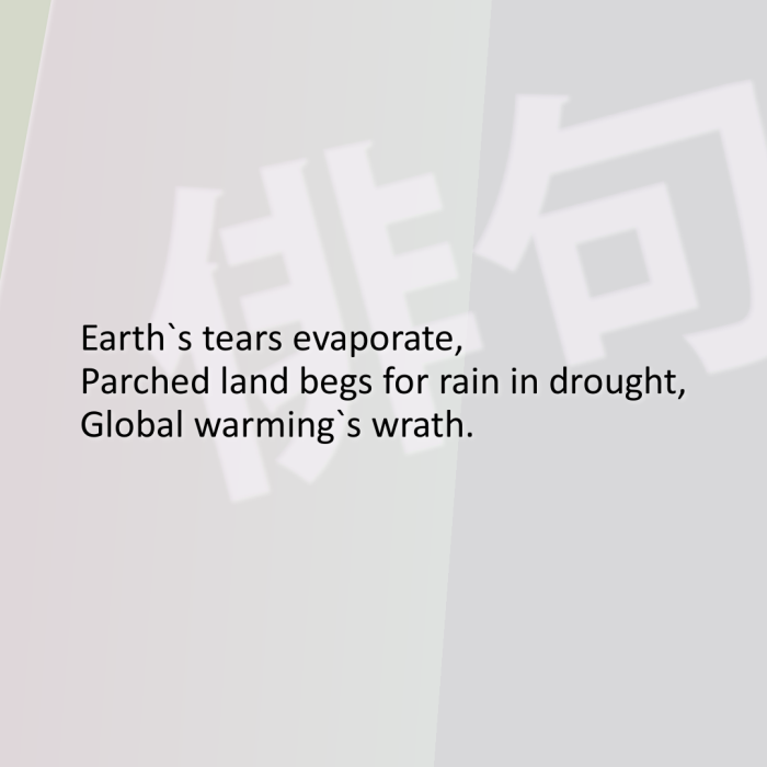 Earth`s tears evaporate, Parched land begs for rain in drought, Global warming`s wrath.