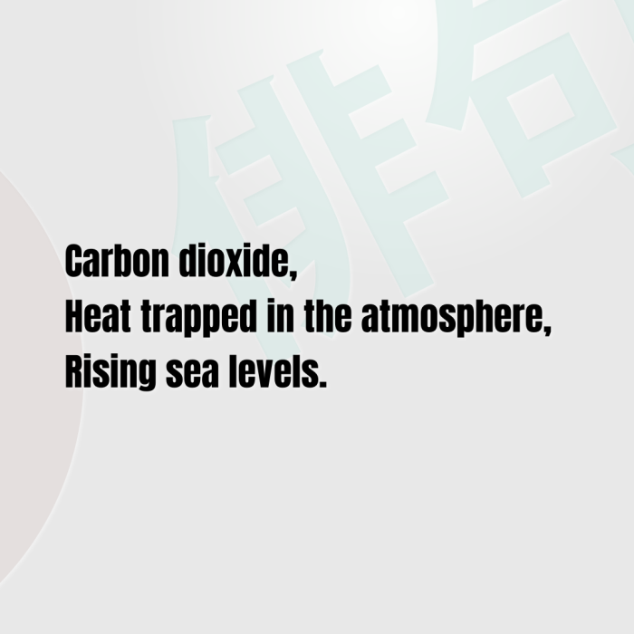 Carbon dioxide, Heat trapped in the atmosphere, Rising sea levels.