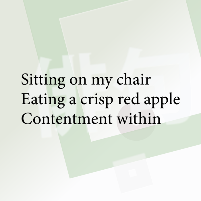 Sitting on my chair Eating a crisp red apple Contentment within