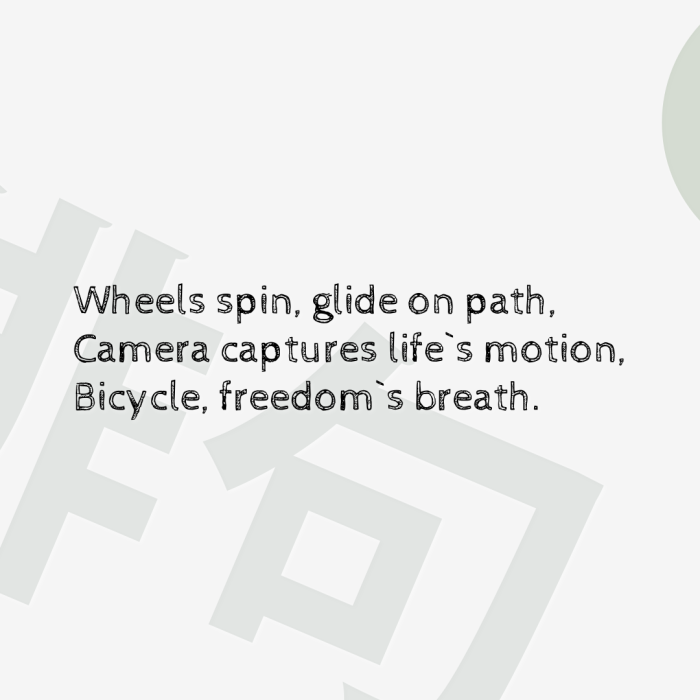 Wheels spin, glide on path, Camera captures life`s motion, Bicycle, freedom`s breath.