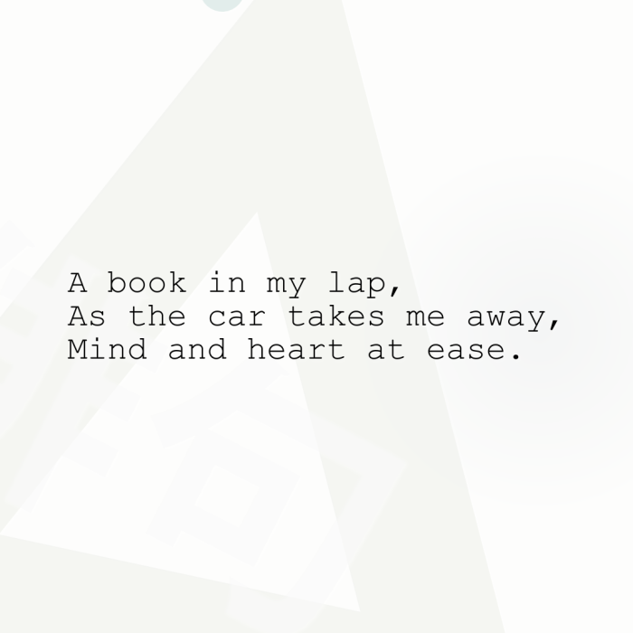 A book in my lap, As the car takes me away, Mind and heart at ease.