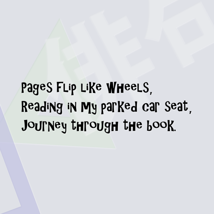 Pages flip like wheels, Reading in my parked car seat, Journey through the book.