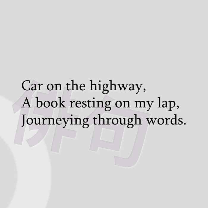 Car on the highway, A book resting on my lap, Journeying through words.