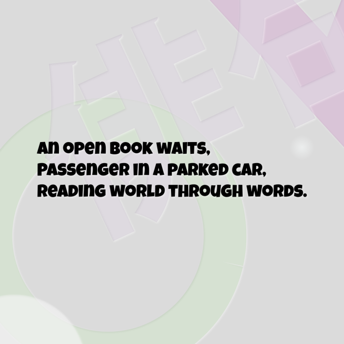 An open book waits, Passenger in a parked car, Reading world through words.