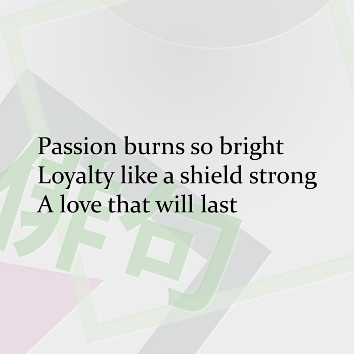 Passion burns so bright Loyalty like a shield strong A love that will last