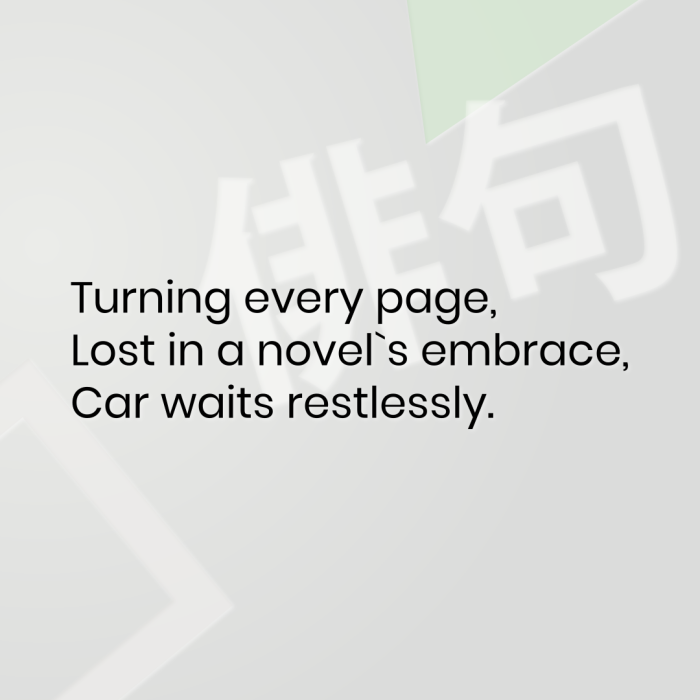 Turning every page, Lost in a novel`s embrace, Car waits restlessly.
