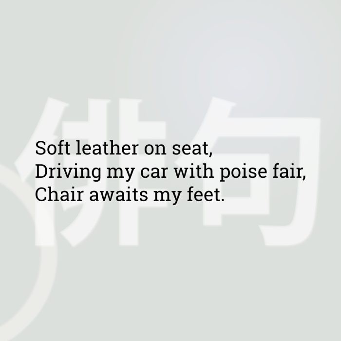 Soft leather on seat, Driving my car with poise fair, Chair awaits my feet.