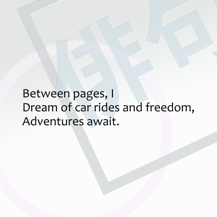 Between pages, I Dream of car rides and freedom, Adventures await.