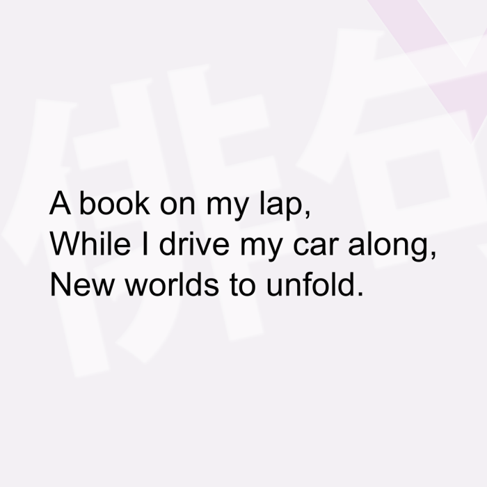 A book on my lap, While I drive my car along, New worlds to unfold.