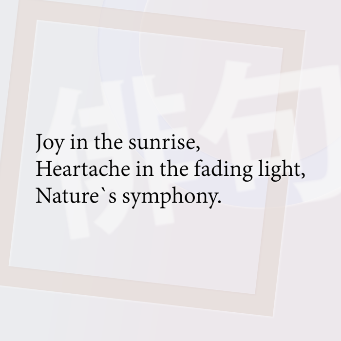 Joy in the sunrise, Heartache in the fading light, Nature`s symphony.