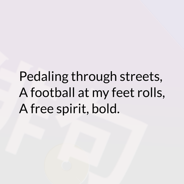 Pedaling through streets, A football at my feet rolls, A free spirit, bold.